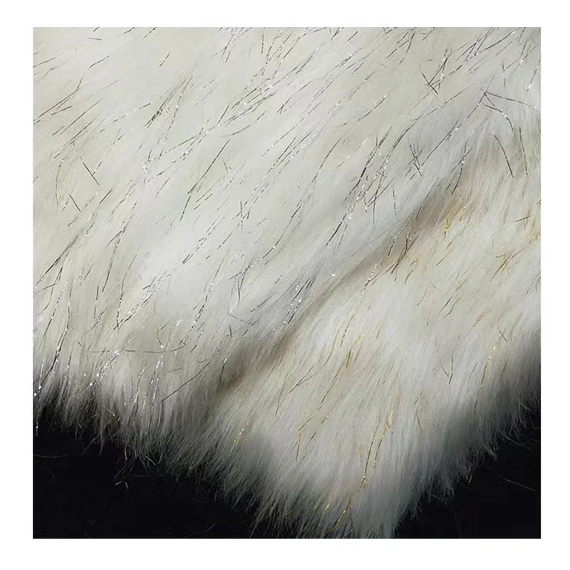 Long fur white with gold and silver lurex twisted acrylic fabric for winter clothing
