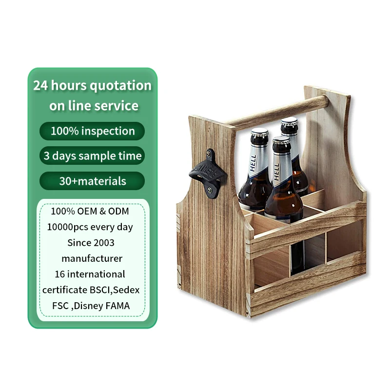 wooden wine bottle box  Beverage Carrier Basket Rustic Color Wooden Buckets Coolers & Holders Wine Holders Customized Logo