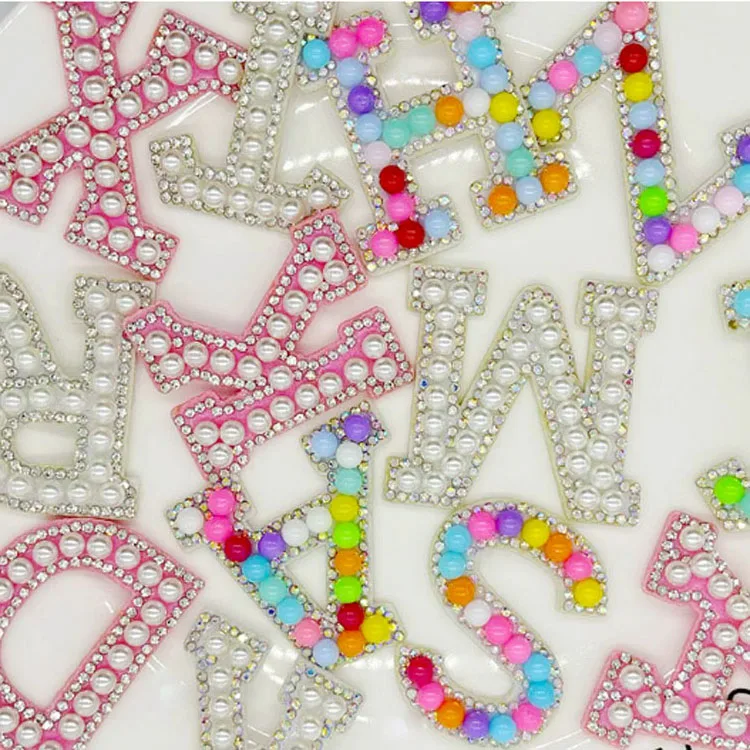 Hot Sale 26 Alphabet Pearl Rhinestone letters Ironing On Patches Applique 3d Diy Pearl Patches Cute Letter Patches