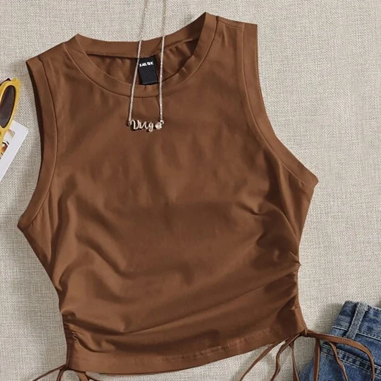 Women Sleeveless Tank Tops Ribbed Drawstring Side Ruched Basic Crop Tank Top Ladies