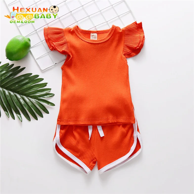  RTS solid color summer children boutique clothing sets flutter ruffle sleeve short girl