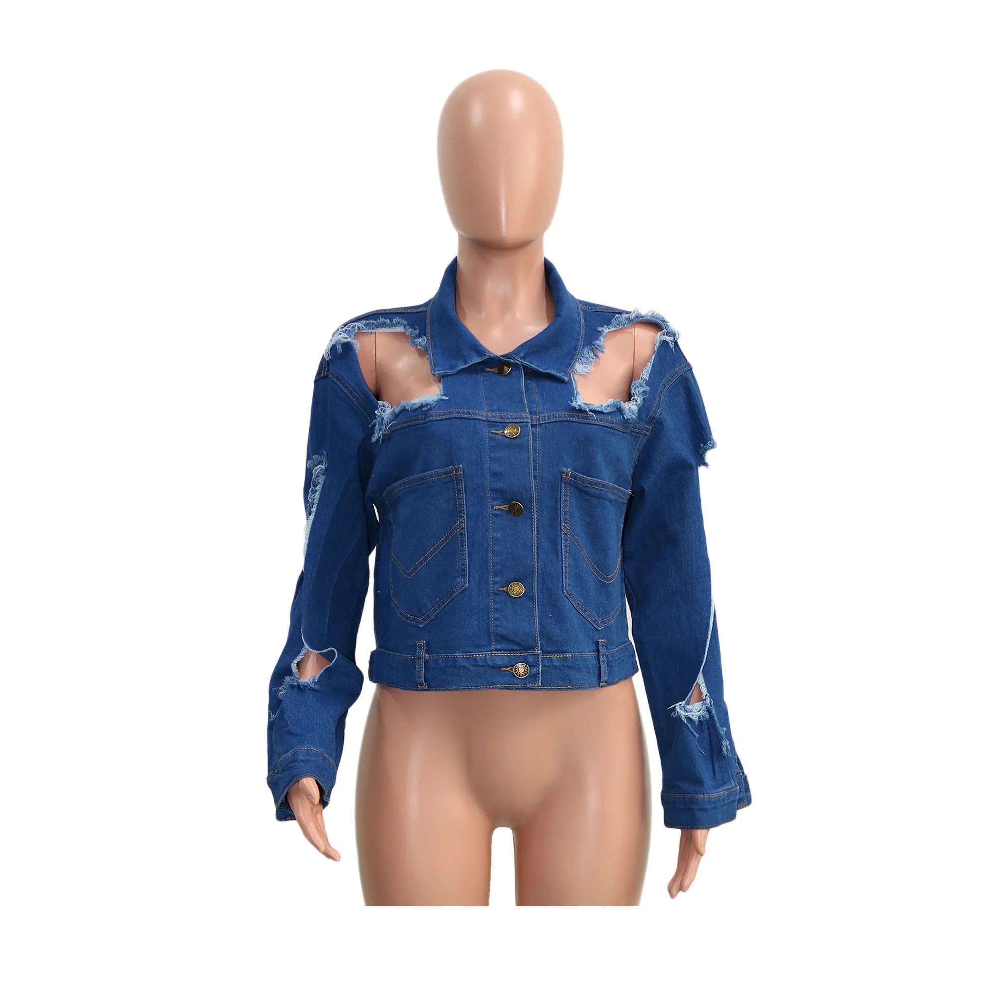 Wholesales Women Long Sleeve Solid Color Distressed Hole Off Shoulder Turndown Collor Coated Jeans Coat Jacket For Women Coats