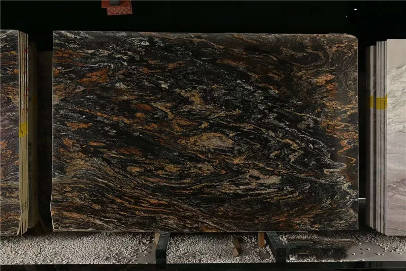 exotic cosmic black granite slabs with golden veins