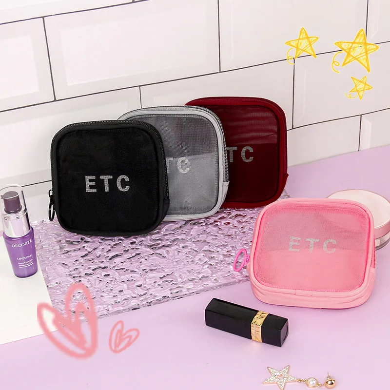 custom logo flat Toiletry washable cosmetic organizer light mesh net Beauty travel kit gauze makeup bag storage Cosmetic Bag