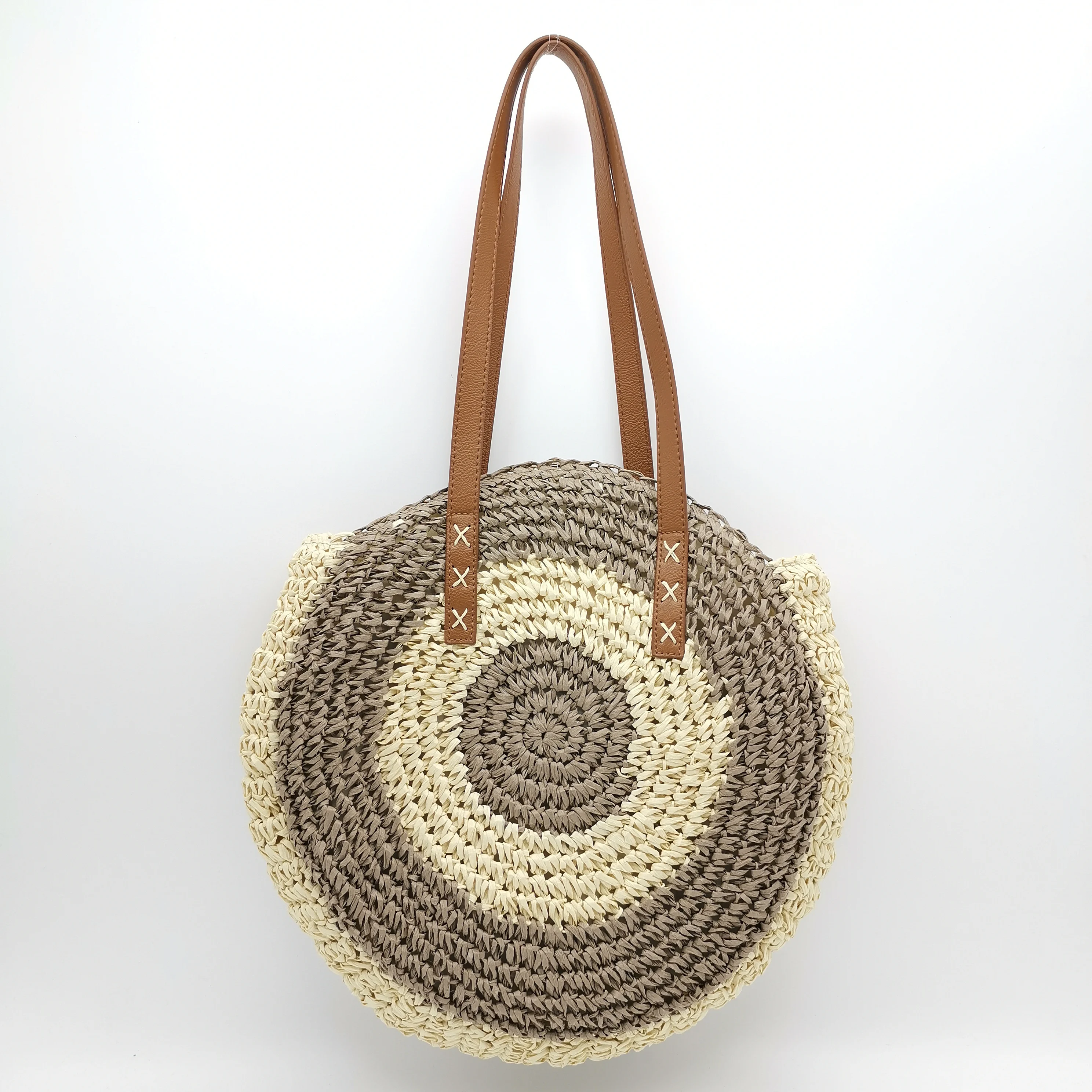 Green Women Handwoven Round Straw Bags Large Summer Beach Tote Shoulder Crochet Bag