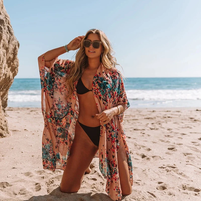 Summer Floral Loose Open Front Beach Cover Ups Tops For Women Long Chiffon Kimono Cardigan