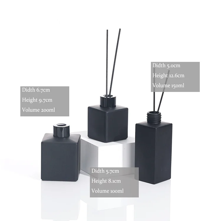 wholesale frosted square empty reed glass diffuser bottle glass wooden cap empty bottle matte black 2 200 ml