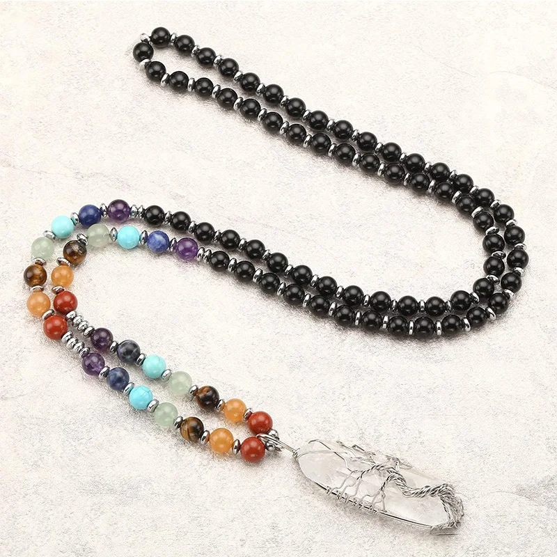 Wholesale Natural Seven Chakras Mixed Matte Onyx Stone Beads Chain White Quartz Life Tree Pendant Charms Beaded Necklace