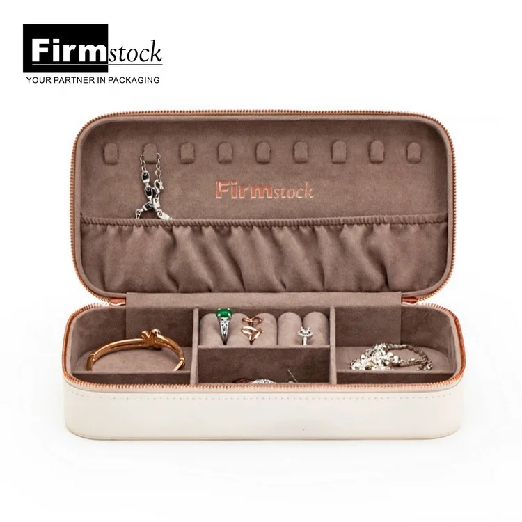 Custom white storage Leather Small zipper jewellery Boxes luxury Portable ring Travel Jewelry box Organizer