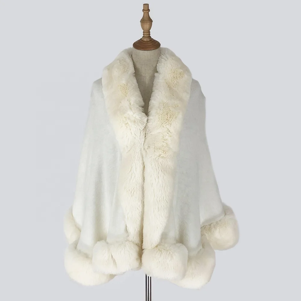
Women White Faux Rabbit Fur Scarf Collar For Wedding Short Knitted Poncho Luxury Cape Coat 