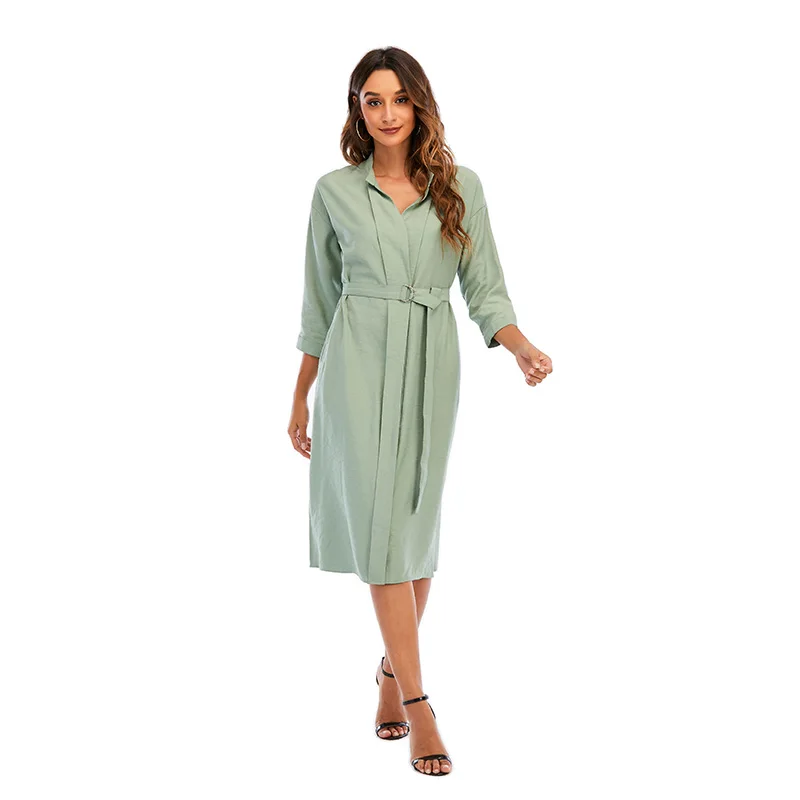 one piece green dress solid color dress with belt