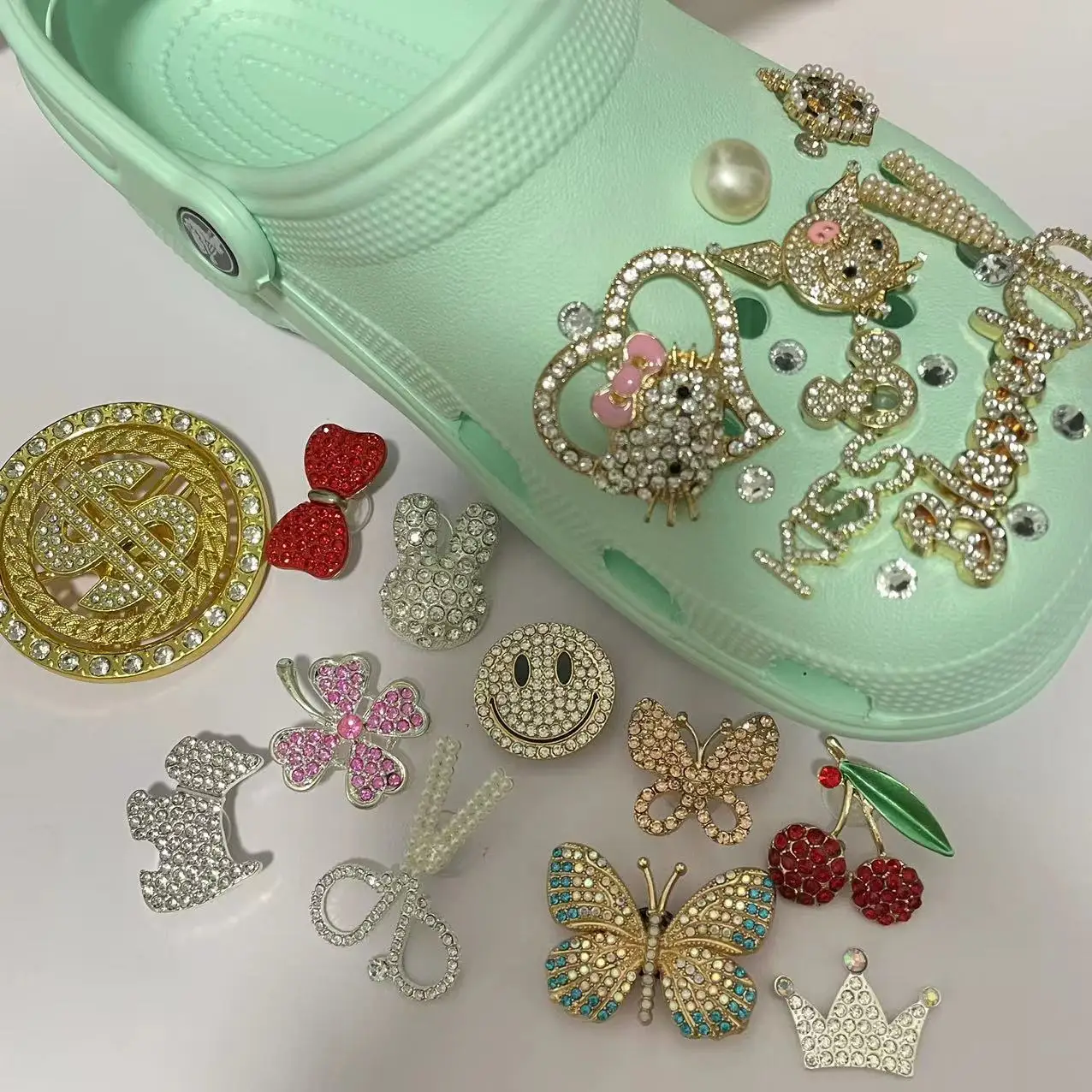 Hot sale croc slippers accessories metal bling charms hello ty croc charms shoe charms for croc shoes decoration