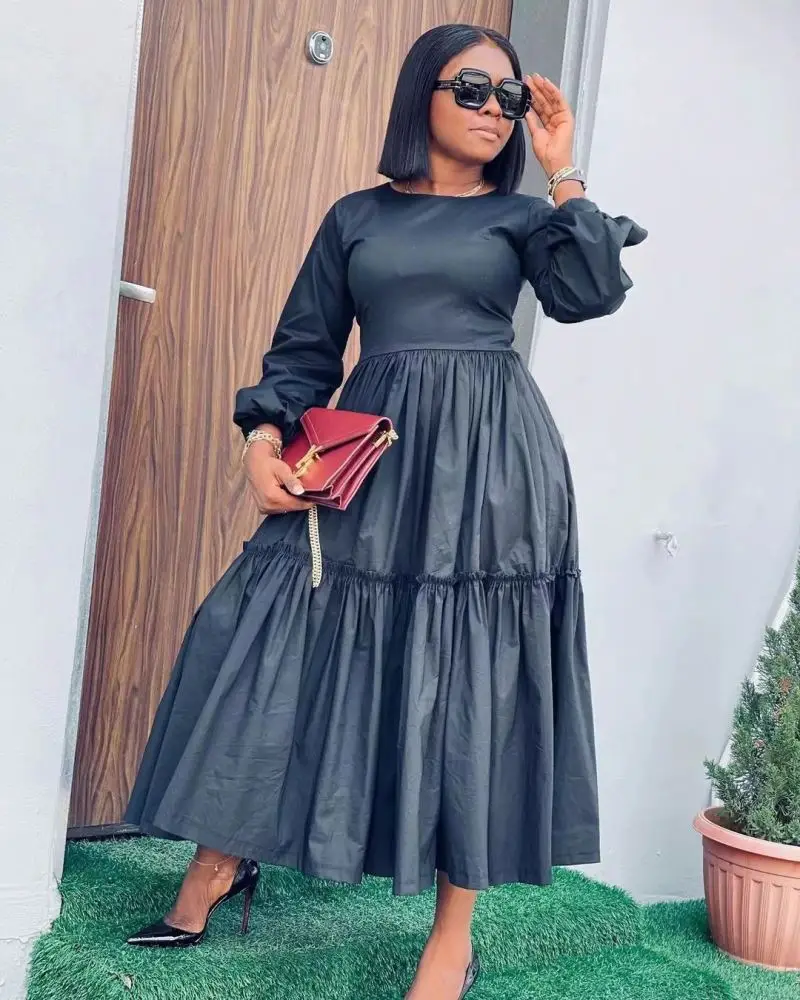 Wholesale Clothing New Casual Elegant Puff Sleeve High Waist Long Sleeve Maxi Pleat Dress with Cloth Belt