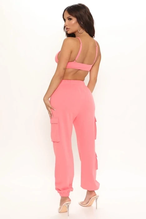 Coral luxury crop top stretch cargo two piece pants set 100% cotton jogger sets women