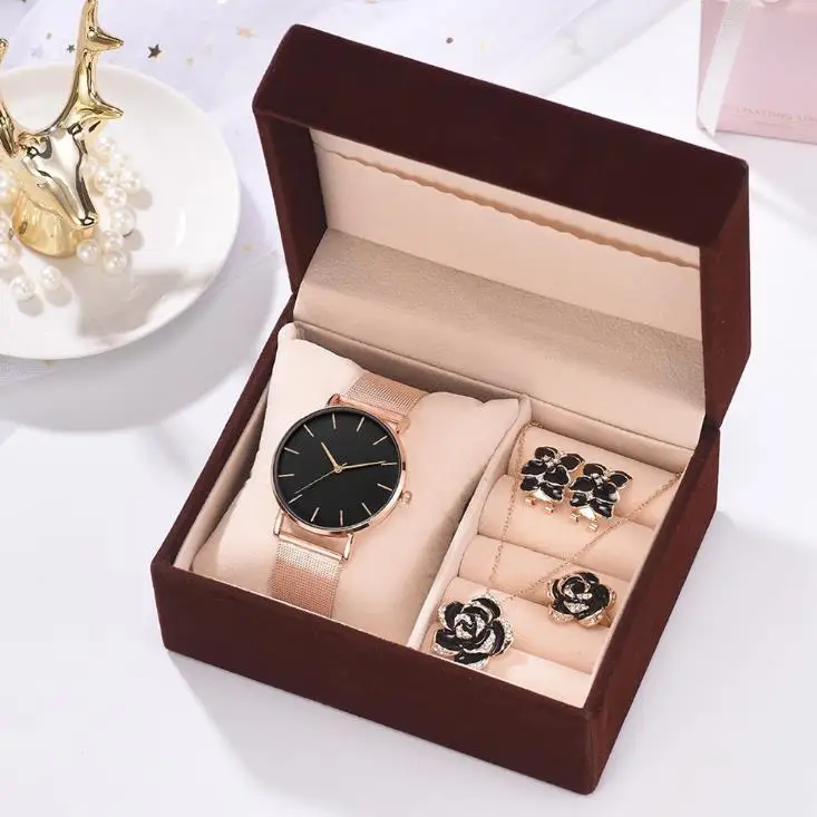 Hot sale 5pcs/set fashion women gift set lady watch necklace jewelry set woman holiday birthday gift