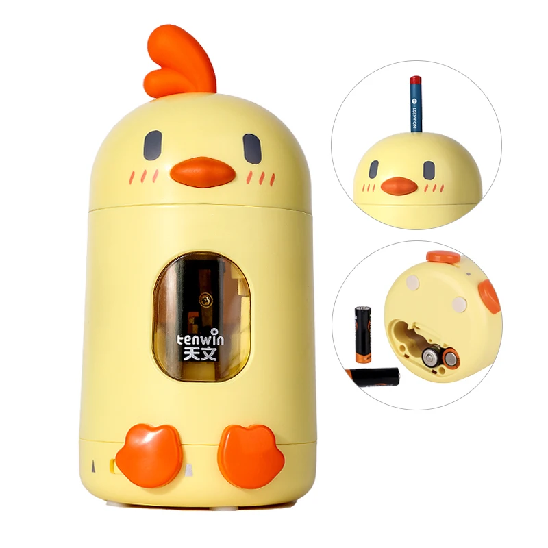 Tenwin 8814 Dual Power Student Pencil Sharpener Cute Chick Design Tungsten Steel Blade Auto-Feed Eject Plastic Material Kids