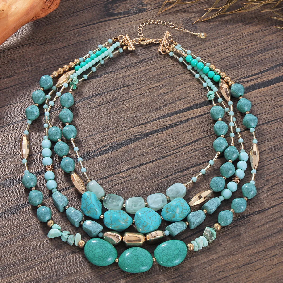Bohemian Natural Turquoise Necklace Multilayered Gold Plated Irregular Bead Necklace For Women Girls Jewelry Gifts