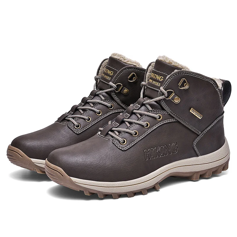 Winter Anti-Slip Leather Warm Snow Hiking Boots Water Resistant Shoes Fur Lined for Mens