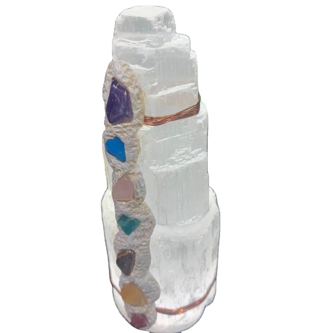 Wholesale natural selenite crystal gypsum seven chakra plaster tower for healing