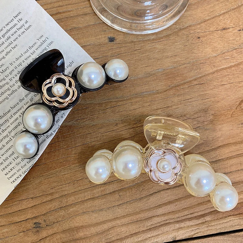 Retro flower shaped transparent catch clip accessories korean pearl hair clips claw