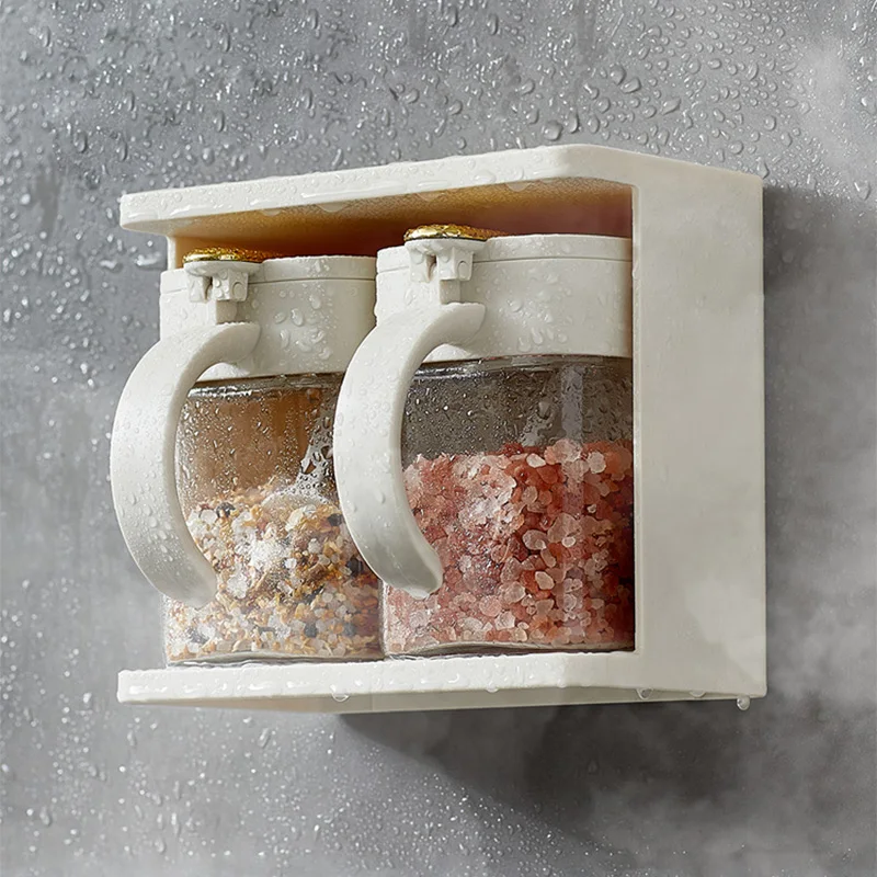 Self Adhesive Wall-Mounted Herb Spices Storage New Kitchen Glass Salt Pepper Jar Spice Shelf set