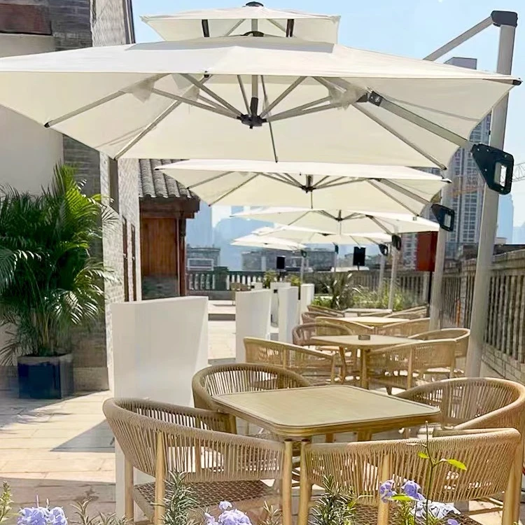 rattan synthetic outdoor restaurant garden rattan wood bistro table and chairs and umbrella