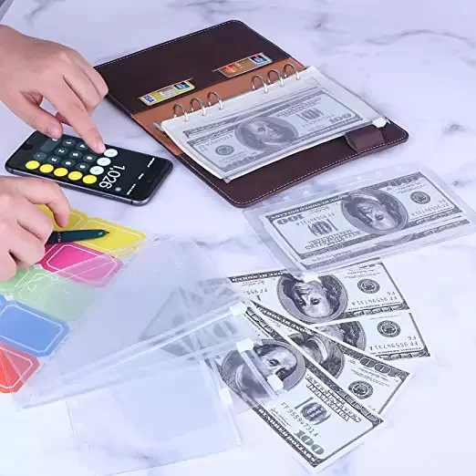 Hot Sale A6 Transparent binder pocket Waterproof loose leaf pocket Cash budget Envelope System PU Leather Notebook wallet Book