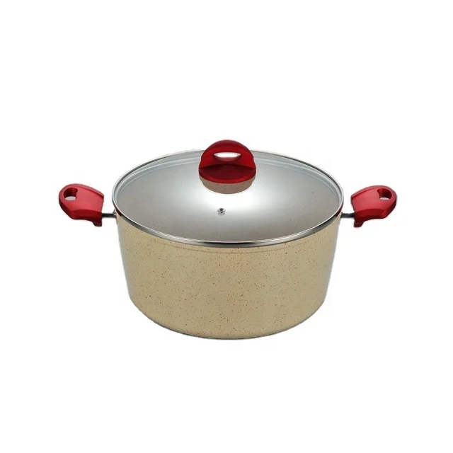 Forged aluminum beige marble non stick casserole  with glass lid bake lite handle stock pot with Induction casserole