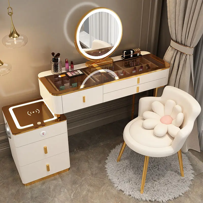 Nordic Style White Dresser Wooden Vanity Desk  Bedroom  Makeup Dressing Table With lighted Mirror and wireless charging function