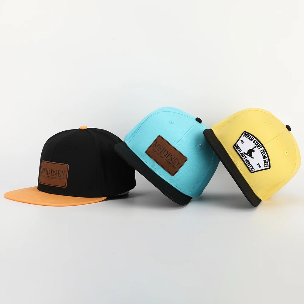 OEM Custom Design Your Own Logo 6 Panel High Quality Flat Brim Plain Cotton Hip Hop Snapback Hat Caps With Leather Patch