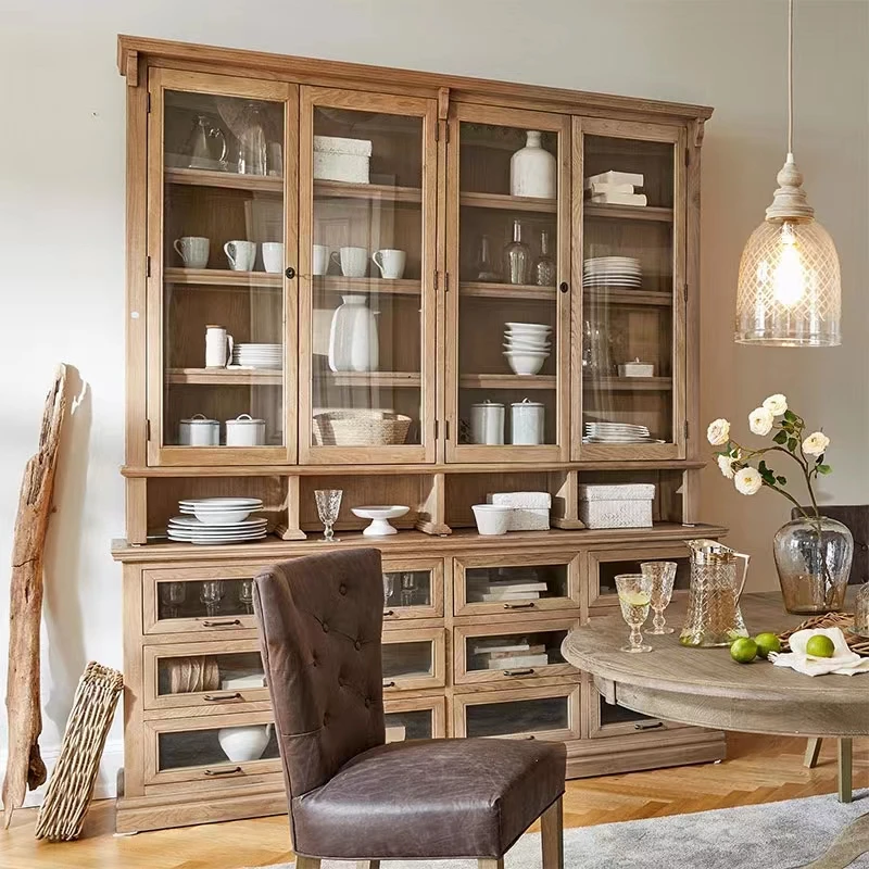 American country light luxury villa living room solid wood carved arched glass door wine cabinet