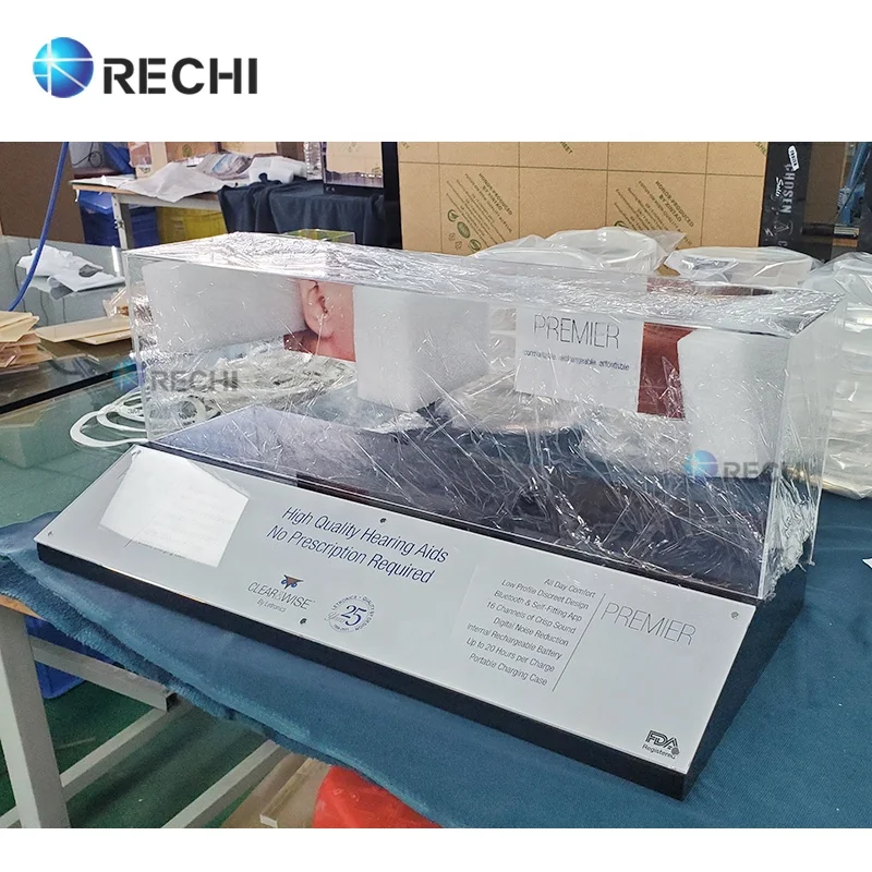 RECHI Custom Counter Acrylic Retail Demo POS Display Stand Case For Hearing-Aids Perspex Display Box With Sign for TWS Earphone