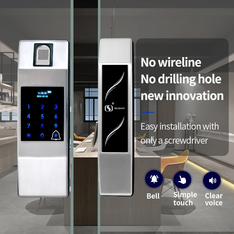 
fl21 frameless glass door smart lock TTLOCK APP fingerprint lock and home or Office keypad Sliding glass door magnetic lock 