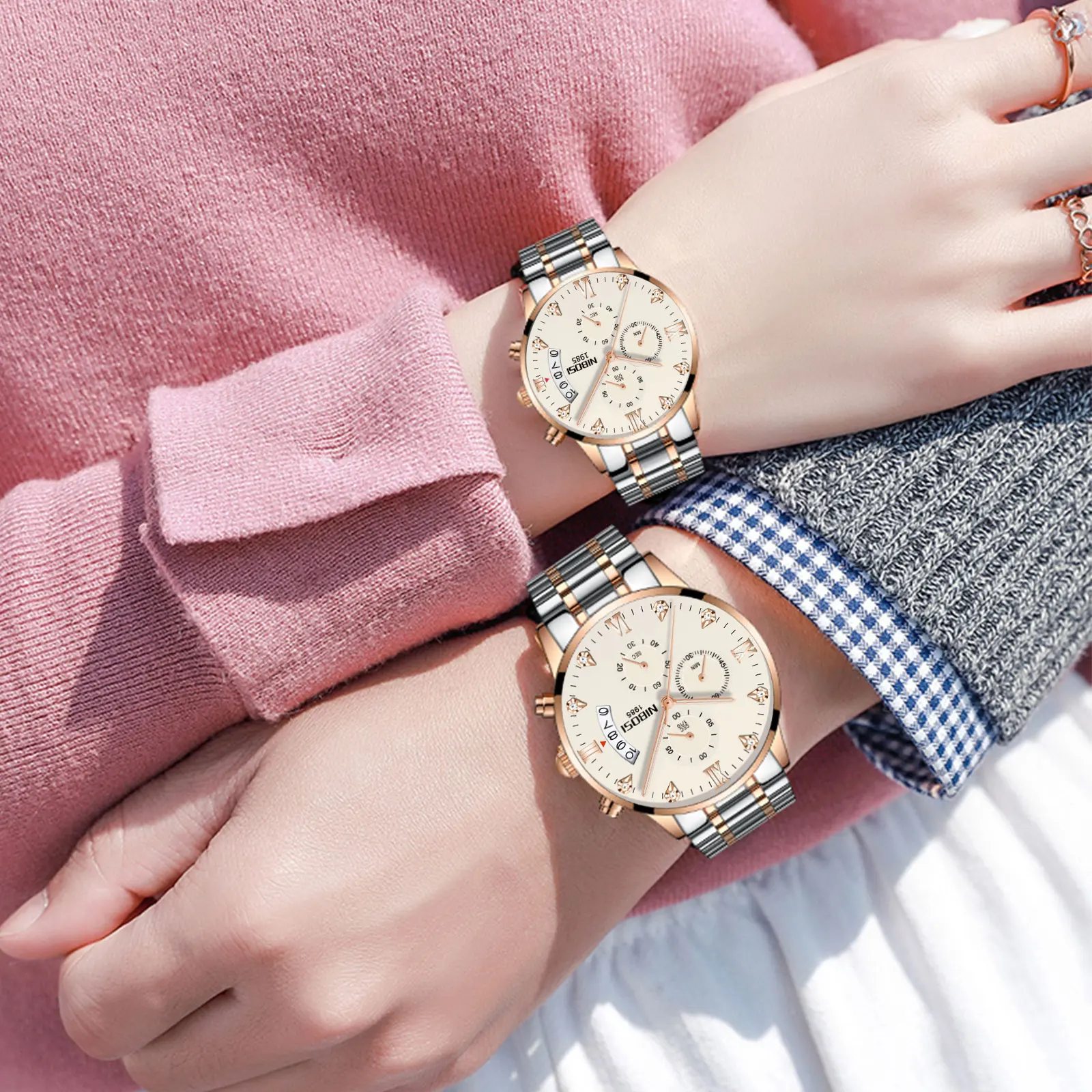 NIBOSI 2309-2  Luxury Women Men Quartz Stainless Steel Watch Couple Custom Brand Wristwatches with Diamonds