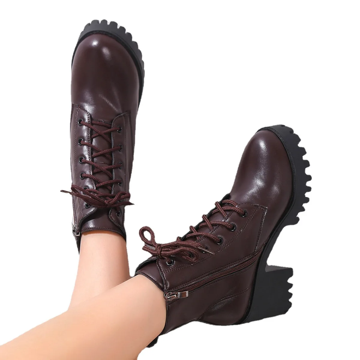 Martin Boots Female British Style Female Autumn and Winter New Round Head Lace up Thick Heel Korean Version High Heel Fashion Mi