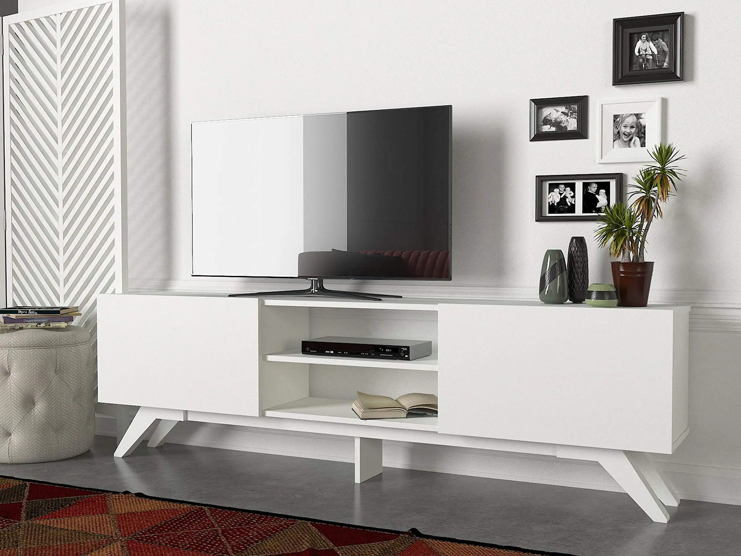 TV Stand Media Console, Mid-Century Modern Television Table with Cabinet Doors