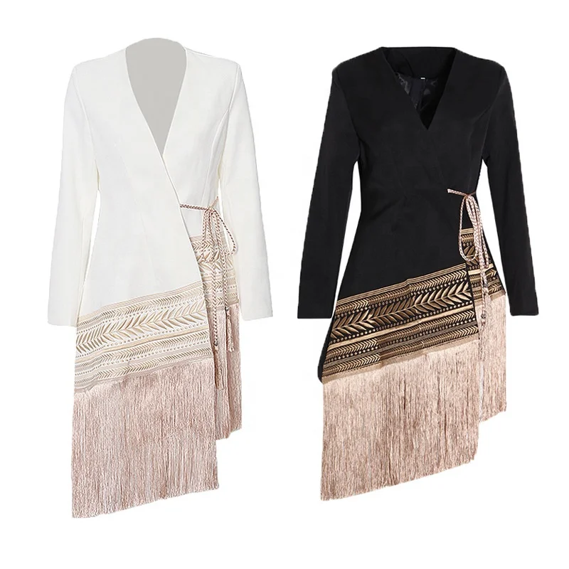 
Women Embroidery Long Sleeve Tassel Patchwork Asymmetrical Long Coat 