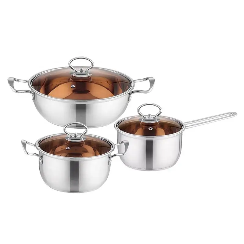 Wholesale Stainless Steel composite bottom Cookware Set and Pans with glass brown lid for kitchen induction cooker
