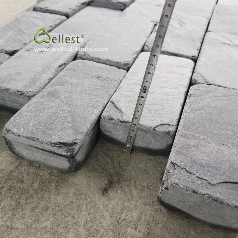 cheapest 20X10 cm antique natural black slate  paver bricks price cobble stone for driveway