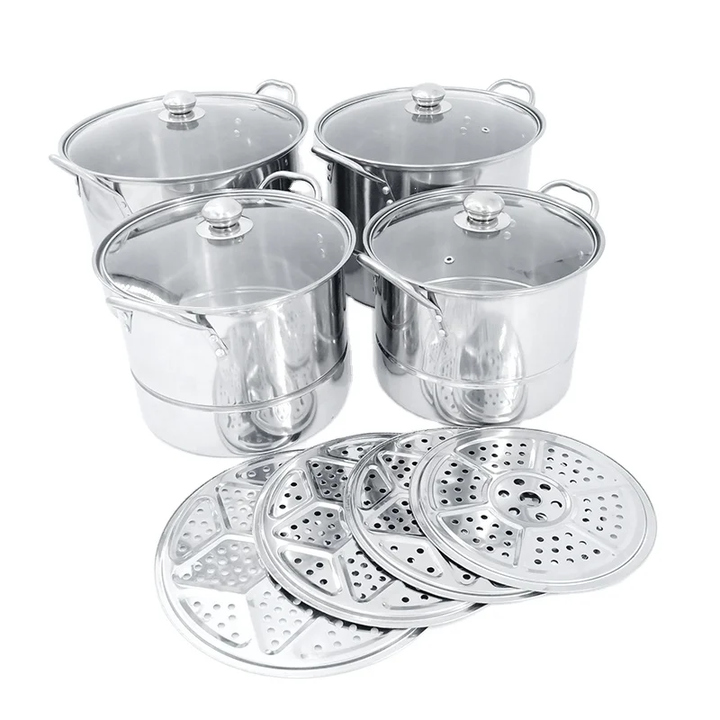 Kitchen tool metal stainless steel soup steamer pot set with glass lid or stainless steel lid steam plate