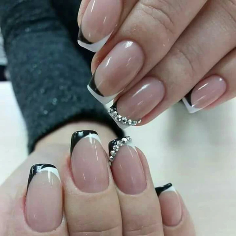 French Tips Design Waterproof Long Lasting False Nails Handmade Rhinestone Design Fake Nails Jewelry Artificial Nails