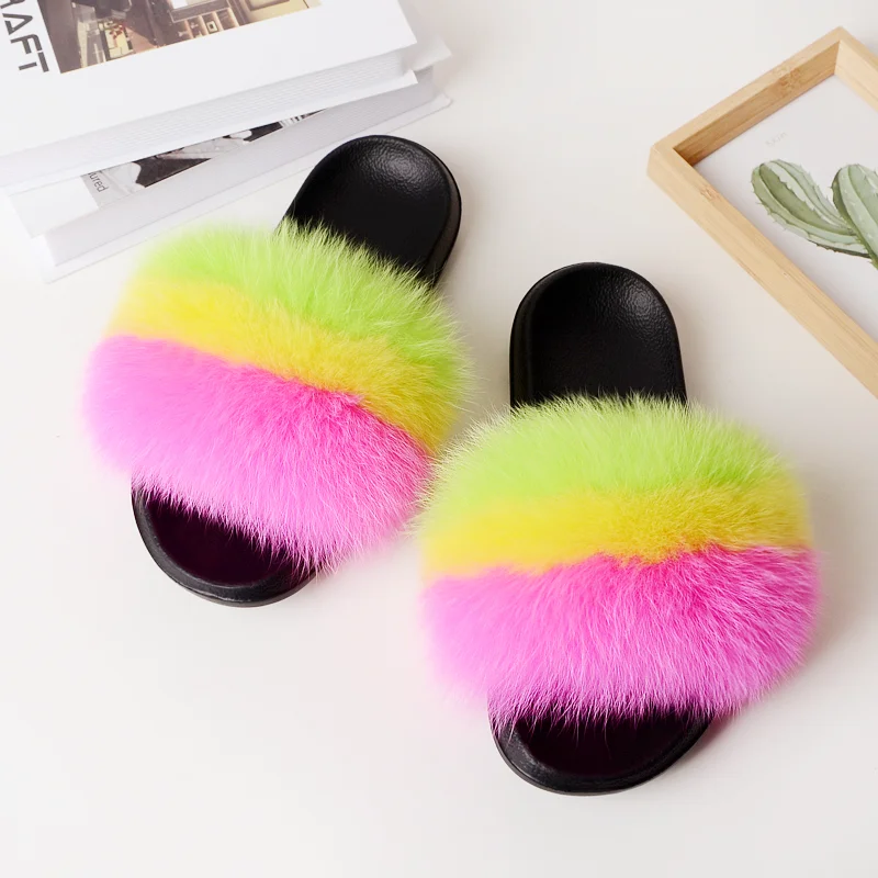 
black and purple blend popular women soft fur 100% fox fur slippers 
