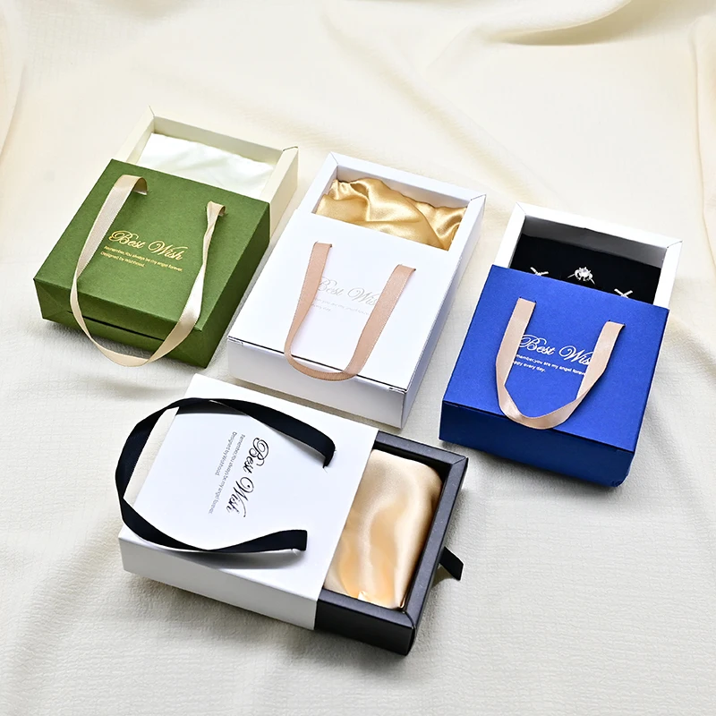 Luxury Printed White Green Blue Drawer Sliding Satin Paper Jewelry packaging gift Box With Handle