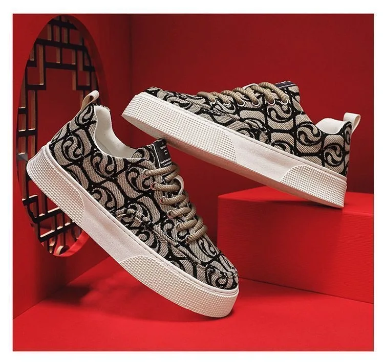 Canvas Shoes Mens Low Top Summer 2024 New Item Niche Low Top Printed Board Shoes Thick Soled Sports And Leisure Trendy Shoes