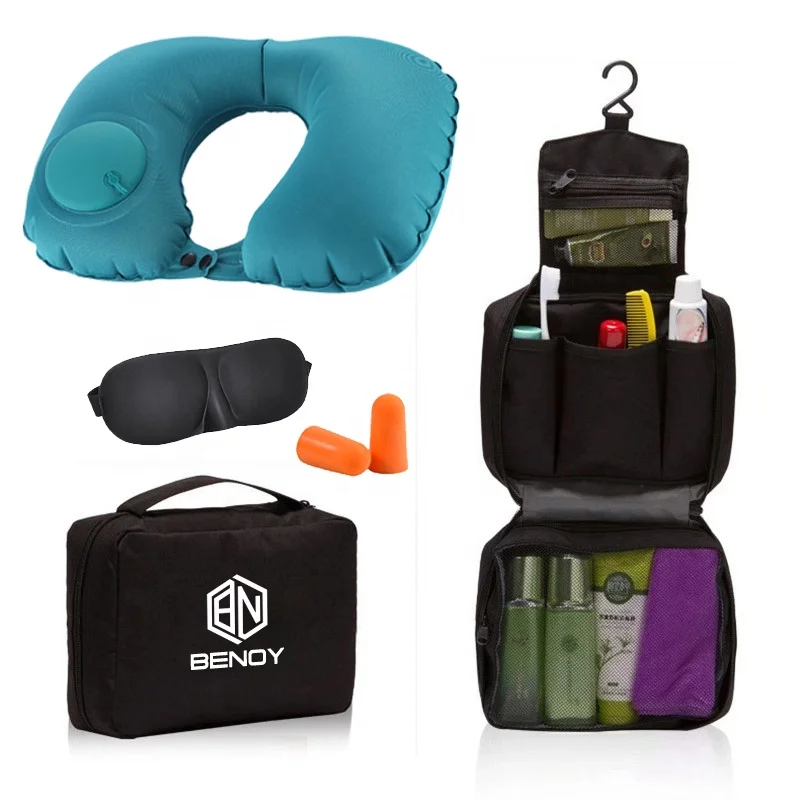 Hot sale Amazon new push button Inflatable airplane neck Pillow and Toiletry storage bag travel set kit