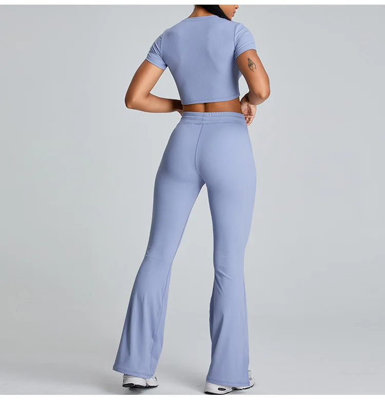 OEM Women Ribbed Crop Top T-shirt with Flare Leggings 2 Pcs Sets Plus Size Yoga Sports Gym Pants Sets Gym Fitness Active Wear