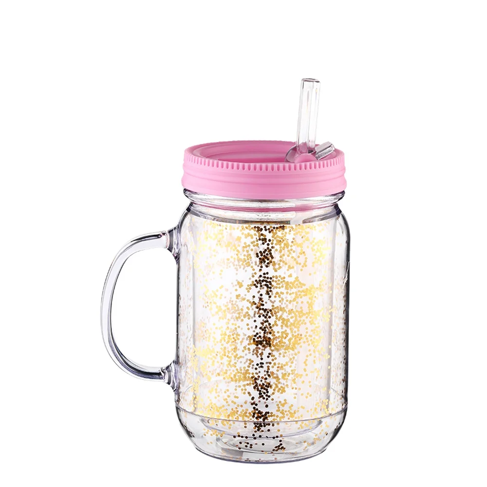 Ningbo wholesale 20oz colorful logo printing double wall drinking plastic mason jar with handle