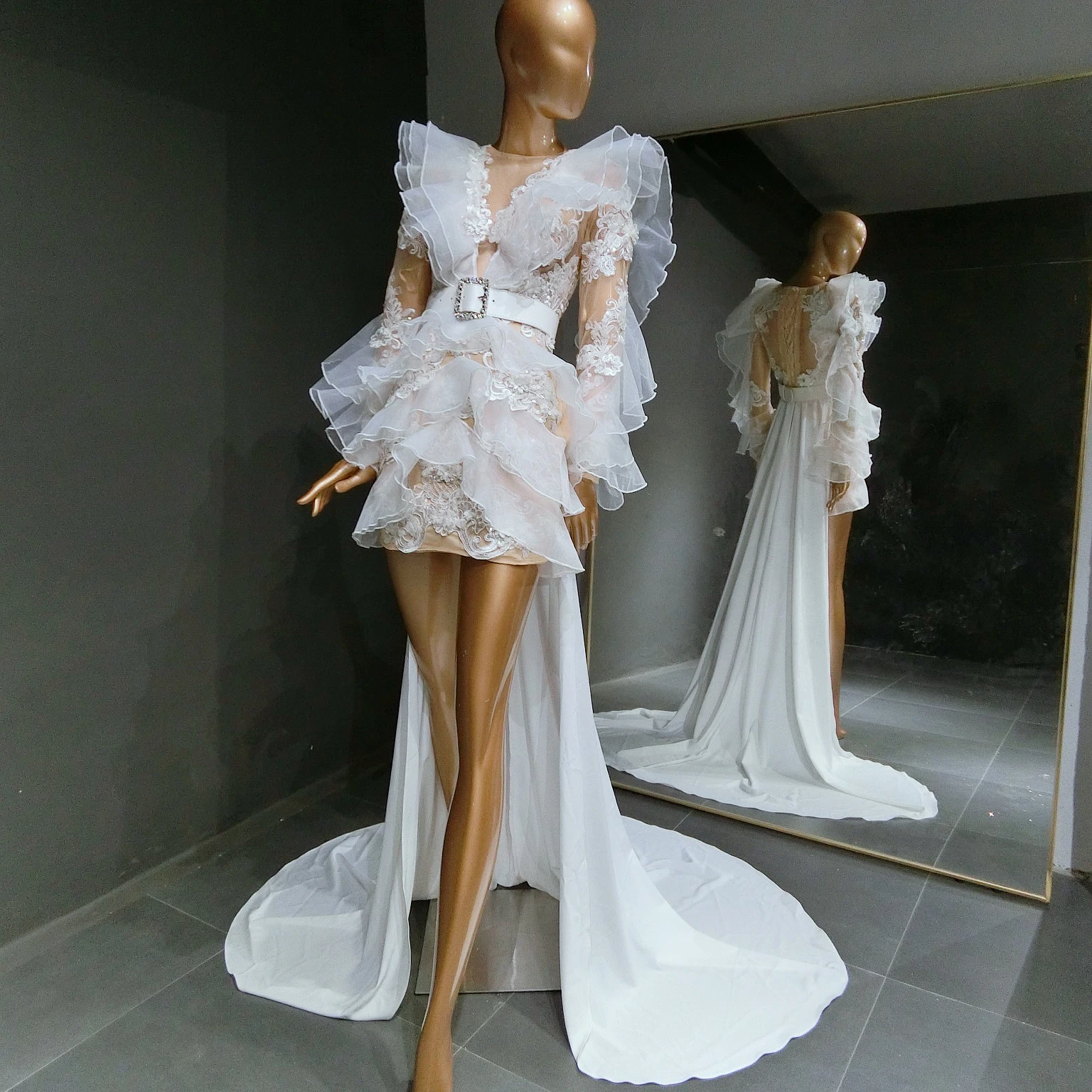 QUEENS GOWN mini costume dress v neckline long sleeve organza fashion show  dress with train