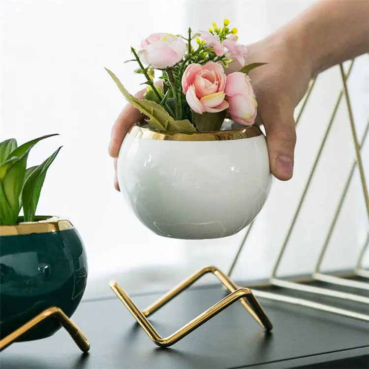 Wholesale Cactus Succulents Flower Pot Ceramic Mini Succulent Planter Pots With Metal Stand