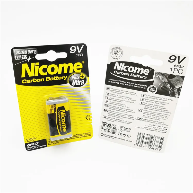 Nicome Brand 6F22 9V Zinc Carbon Battery for Flashlight Car Toys Home Appliances-28 Hours Usage Shrink Pack Included